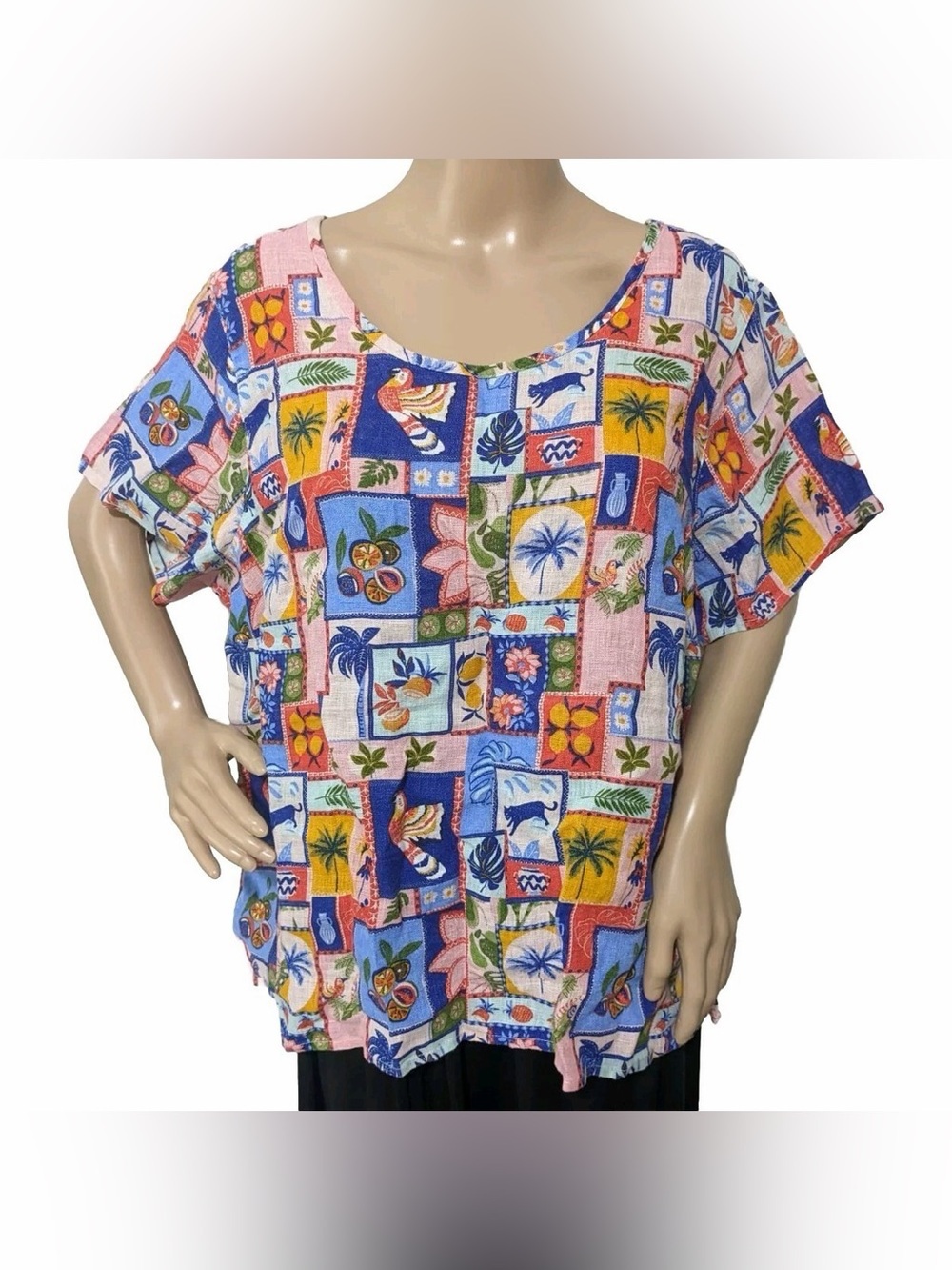 C&C California 100% linen novelty tropical printed short sleeve blouse